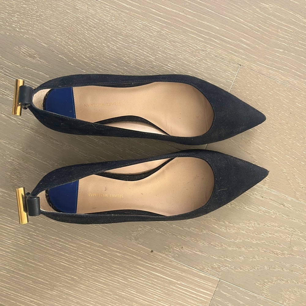 Stuart Weitzman Black Suede Golden Accent Flats, size 6.5
